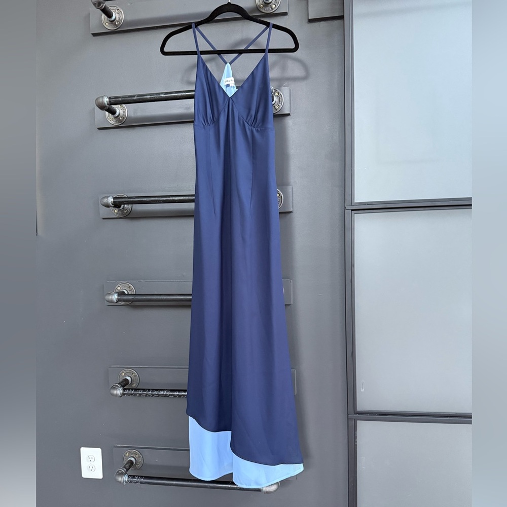 Elegant Navy Blue Maxi Dress with Light Blue Hem